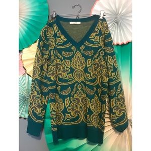 v neck sweater with bright bold pattern